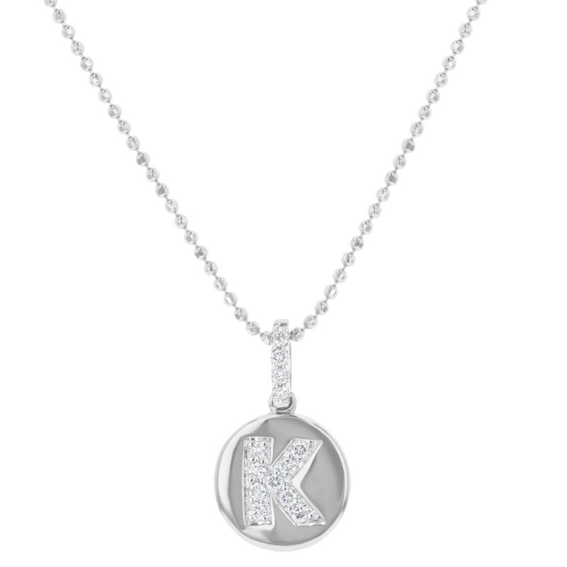 14K White Gold Letter "K" Round Disk Diamond Pendant