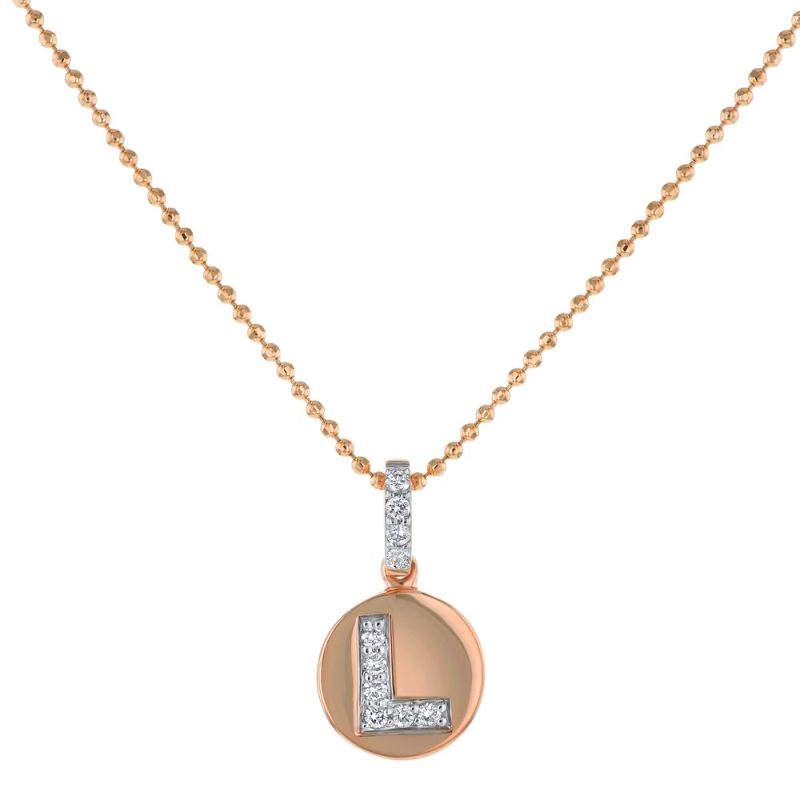 14K Rose Gold Letter "L" Round Disk Diamond Pendant