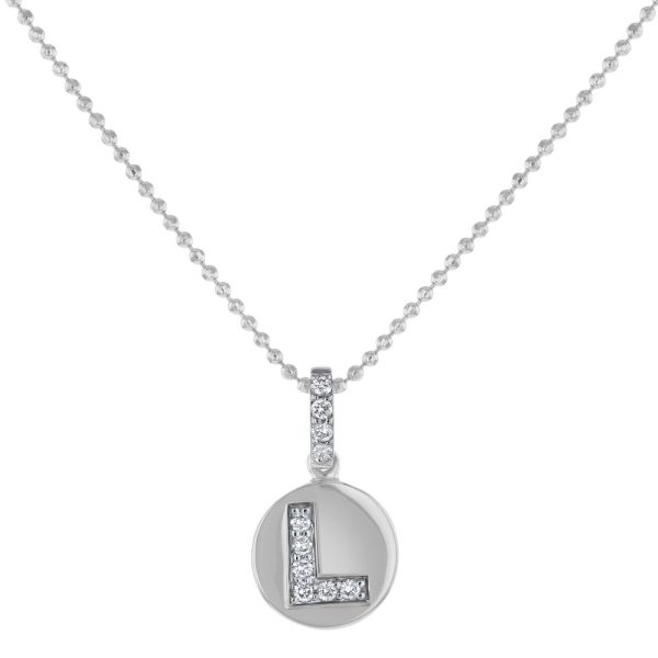 14K White Gold Letter "L" Round Disk Diamond Pendant