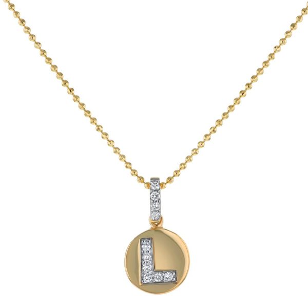 14K Yellow Gold Letter "L" Round Disk Diamond Pendant
