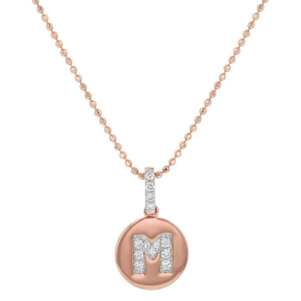 14K Rose Gold Letter "M" Round Disk Diamond Pendant