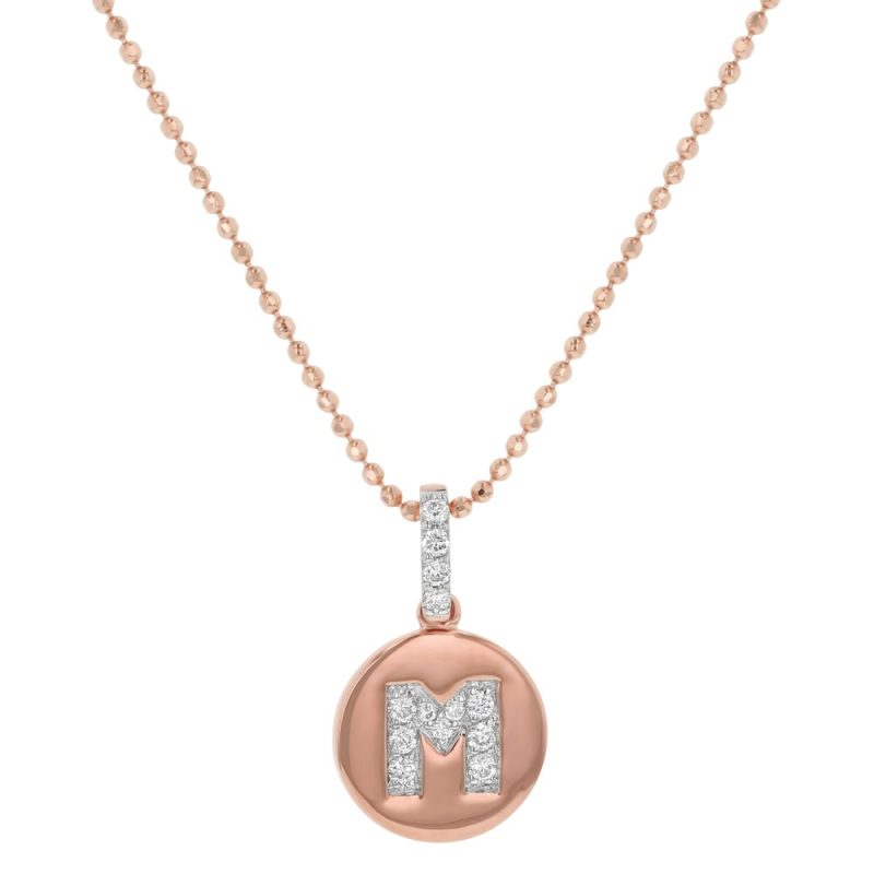 14K Rose Gold Letter "M" Round Disk Diamond Pendant