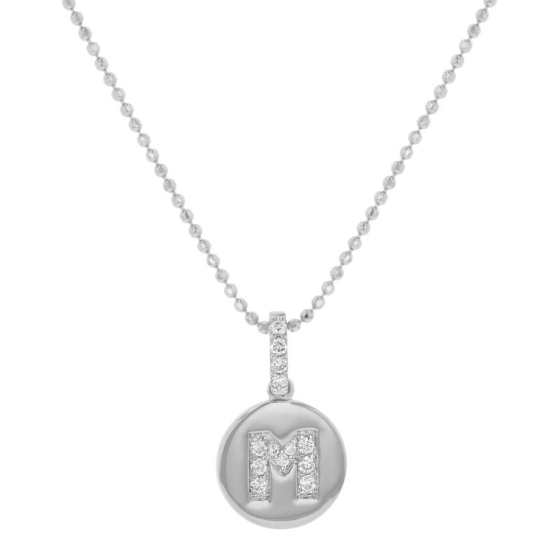14K White Gold Letter "M" Round Disk Diamond Pendant