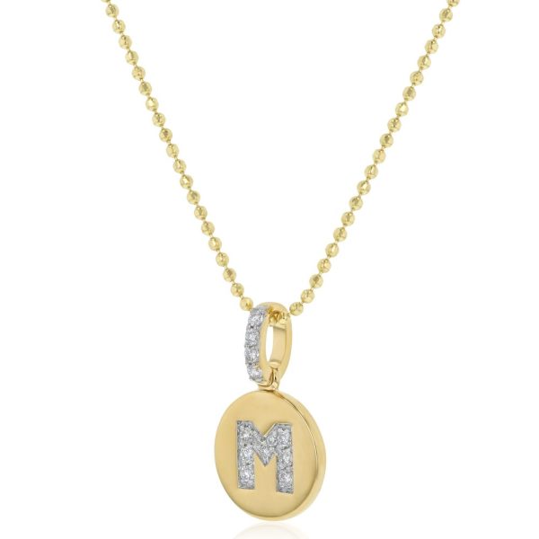 14K Yellow Gold Letter "M" Round Disk Diamond Pendant