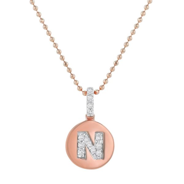14K Rose Gold Letter "N" Round Disk Diamond Pendant
