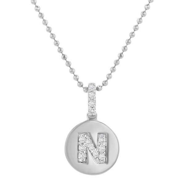 14K White Gold Letter "N" Round Disk Diamond Pendant