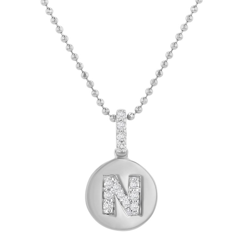 14K White Gold Letter "N" Round Disk Diamond Pendant