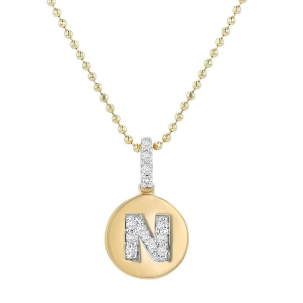 14K Yellow Gold Letter "N" Round Disk Diamond Pendant