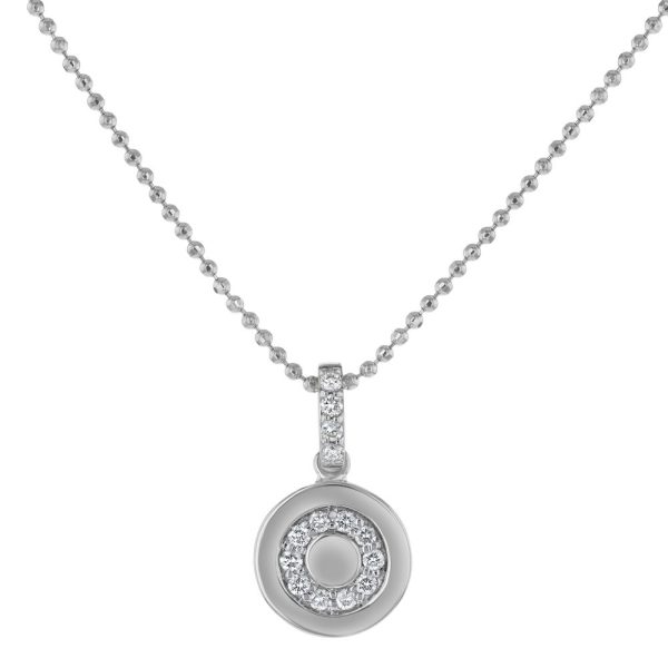 14K White Gold Letter "O" Round Disk Diamond Pendant