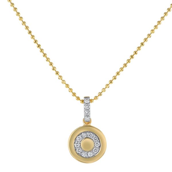 14K Yellow Gold Letter "O" Round Disk Diamond Pendant