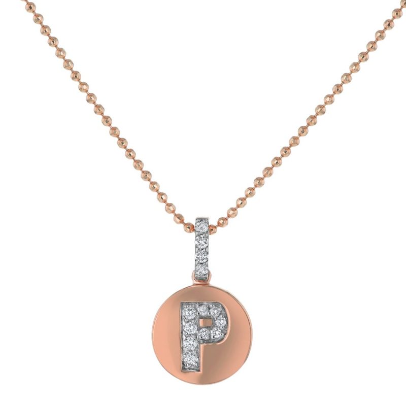14K Rose Gold Letter "P" Round Disk Diamond Pendant