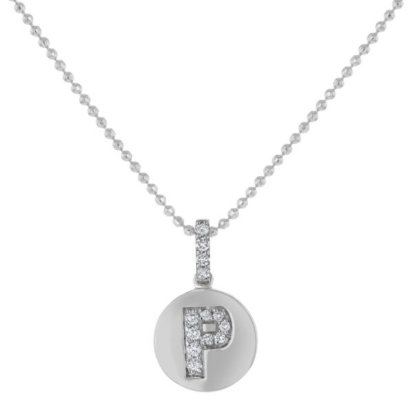 14K White Gold Letter "P" Round Disk Diamond Pendant