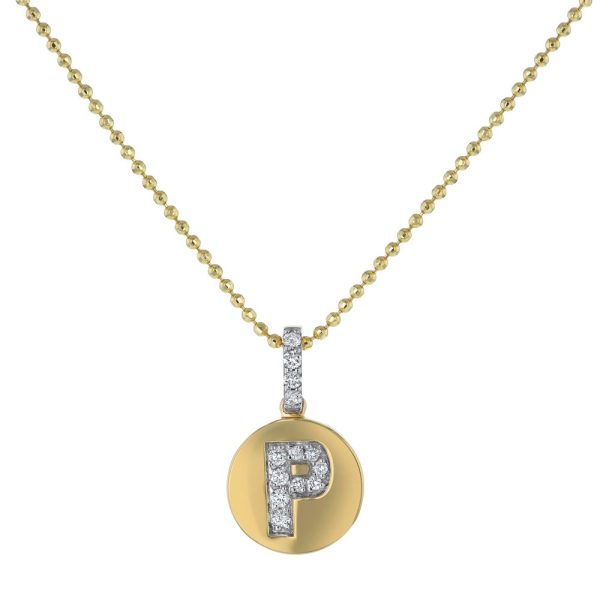 14K Yellow Gold Letter "P" Round Disk Diamond Pendant