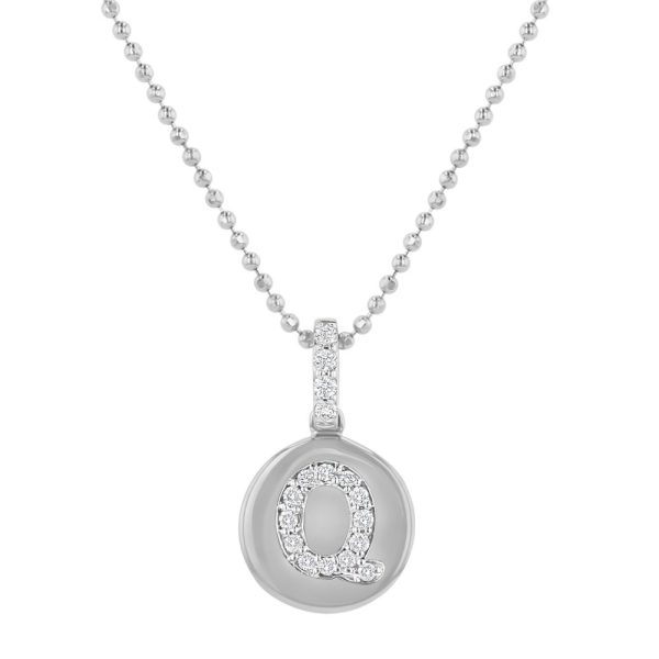 14K White Gold Letter "Q" Round Disk Diamond Pendant