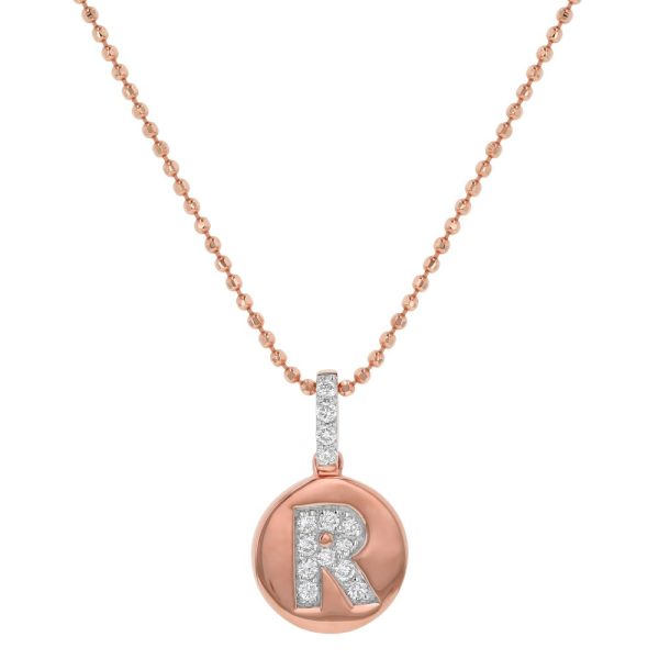 14K Rose Gold Letter "R" Round Disk Diamond Pendant