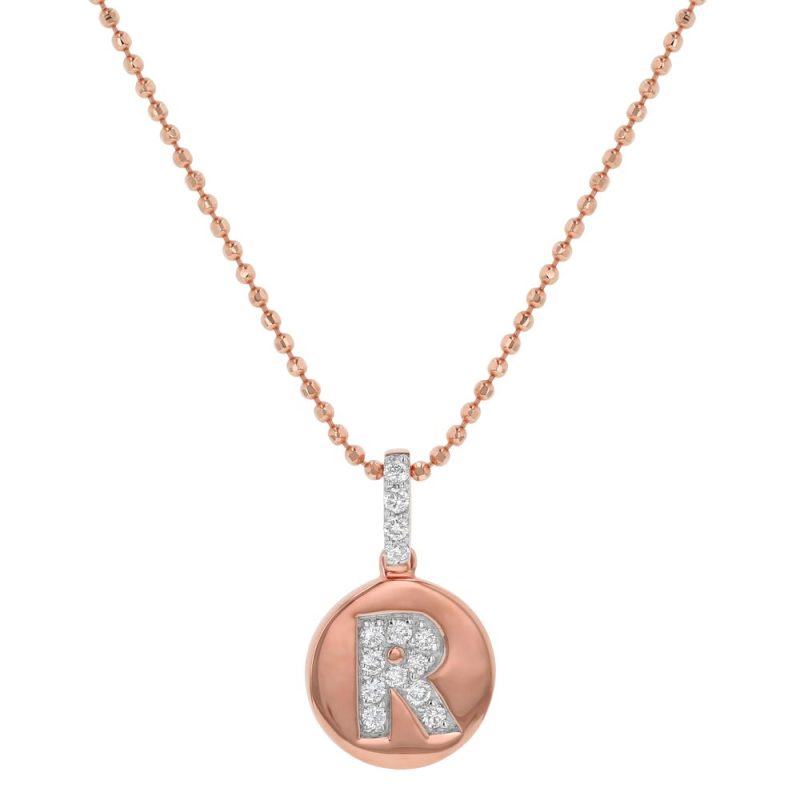 14K Rose Gold Letter "R" Round Disk Diamond Pendant