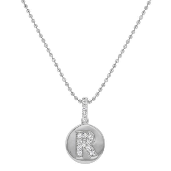 14K White Gold Letter "R" Round Disk Diamond Pendant