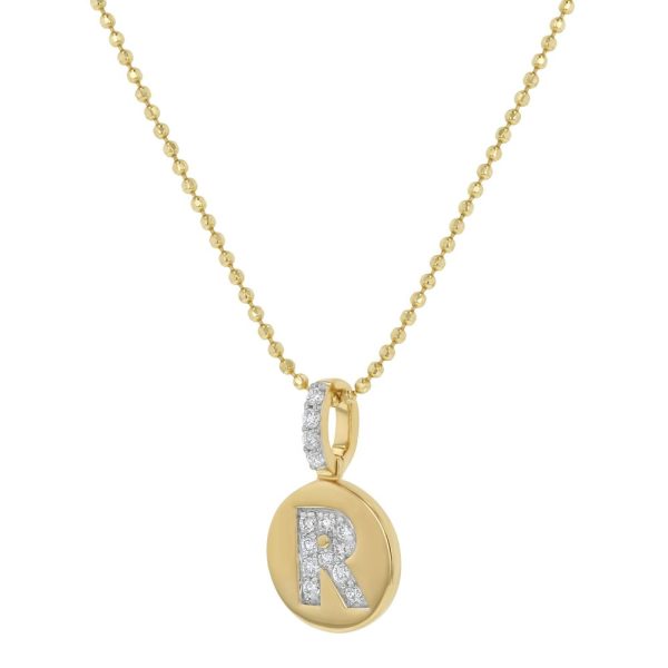 14K Yellow Gold Letter "R" Round Disk Diamond Pendant