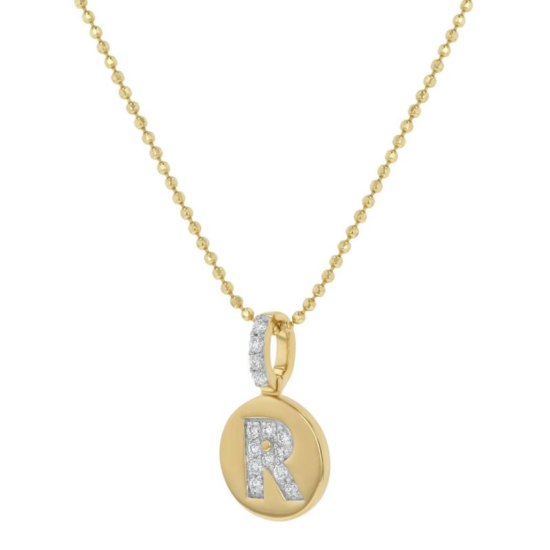 14K Yellow Gold Letter "R" Round Disk Diamond Pendant