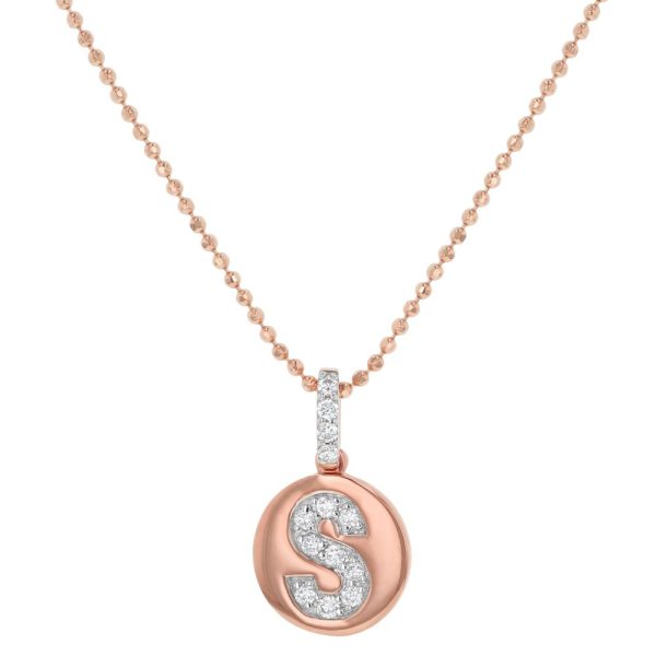 14K Rose Gold Letter "S" Round Disk Diamond Pendant