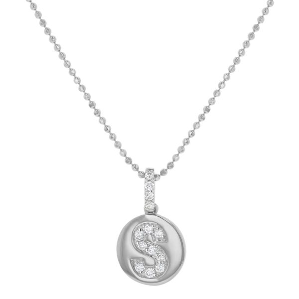 14K White Gold Letter "S" Round Disk Diamond Pendant