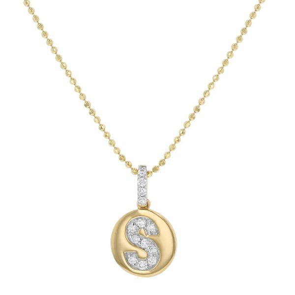 14K Yellow Gold Letter "S" Round Disk Diamond Pendant