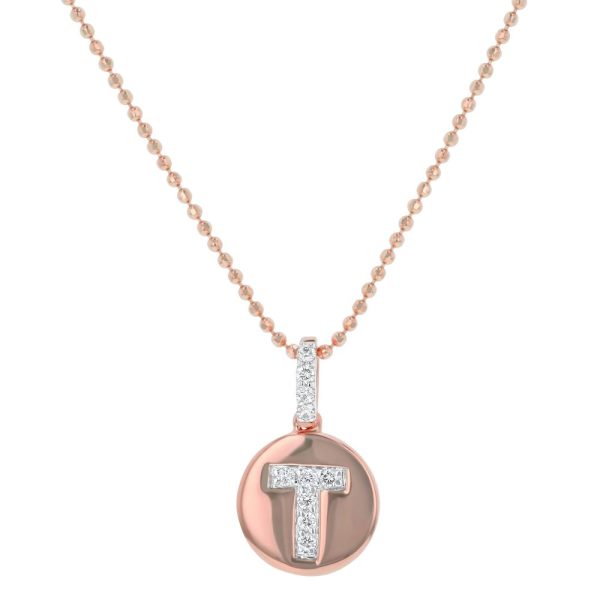 14K Rose Gold Letter "T" Round Disk Diamond Pendant