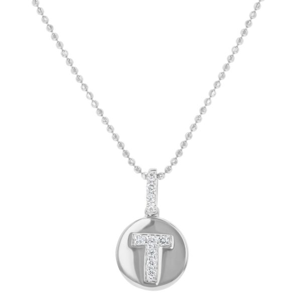 14K White Gold Letter "T" Round Disk Diamond Pendant
