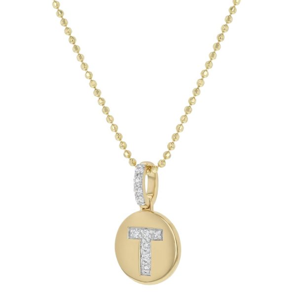 14K Yellow Gold Letter "T" Round Disk Diamond Pendant