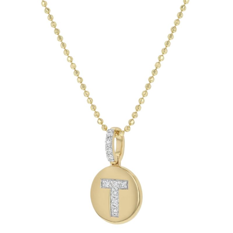 14K Yellow Gold Letter "T" Round Disk Diamond Pendant