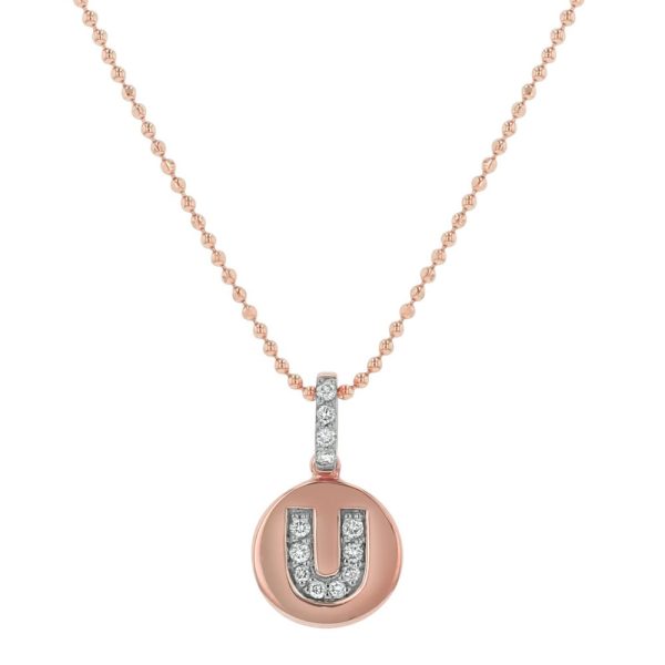 14K Rose Gold Letter "U" Round Disk Diamond Pendant