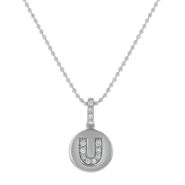 14K White Gold Letter "U" Round Disk Diamond Pendant