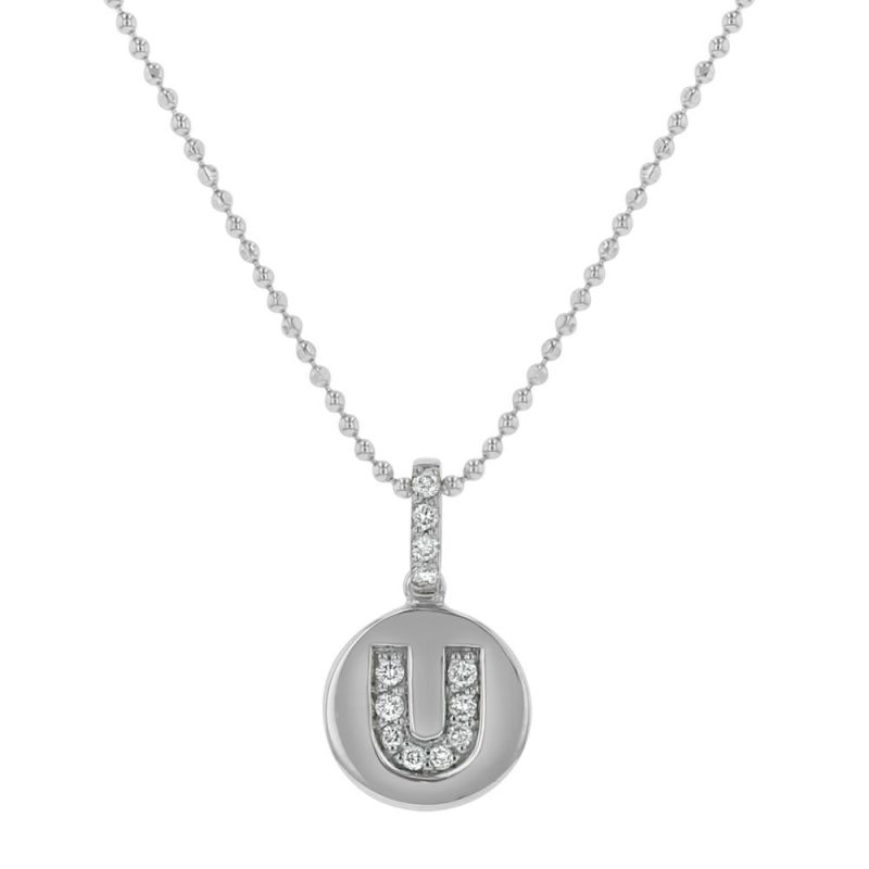 14K White Gold Letter "U" Round Disk Diamond Pendant