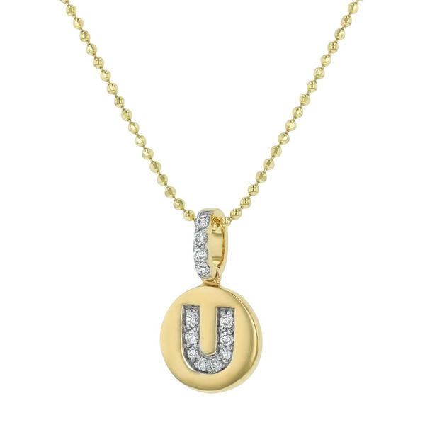 14K Yellow Gold Letter "U" Round Disk Diamond Pendant