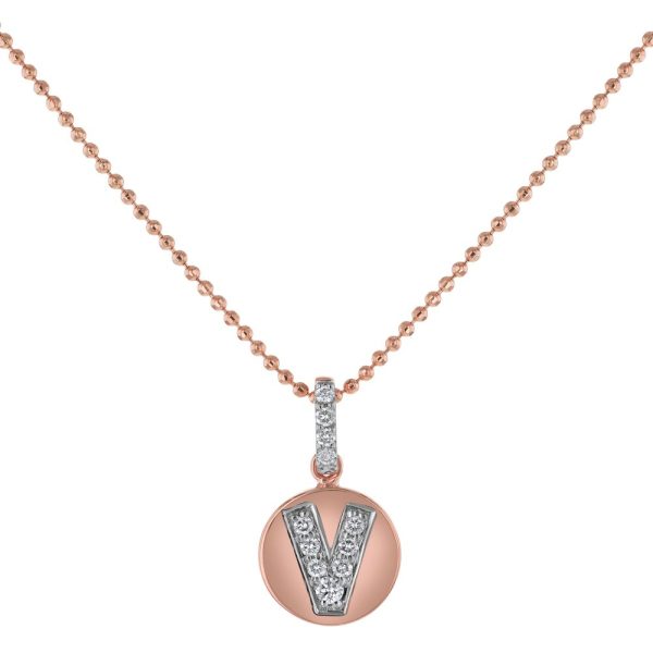 14K Rose Gold Letter "V" Round Disk Diamond Pendant