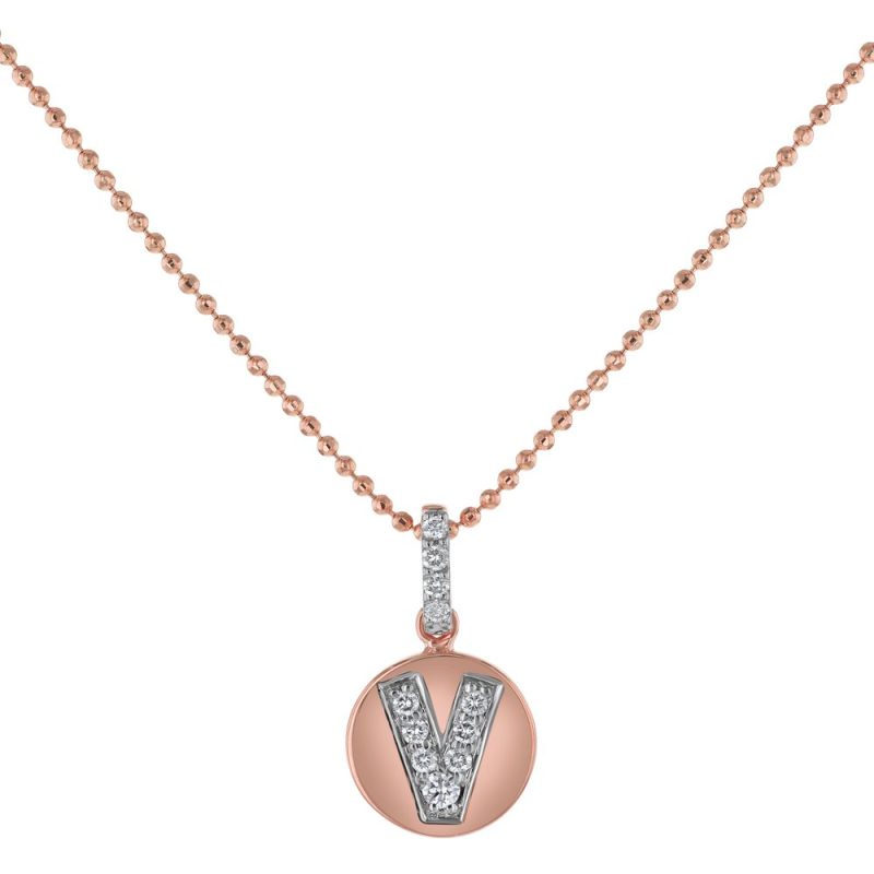 14K Rose Gold Letter "V" Round Disk Diamond Pendant