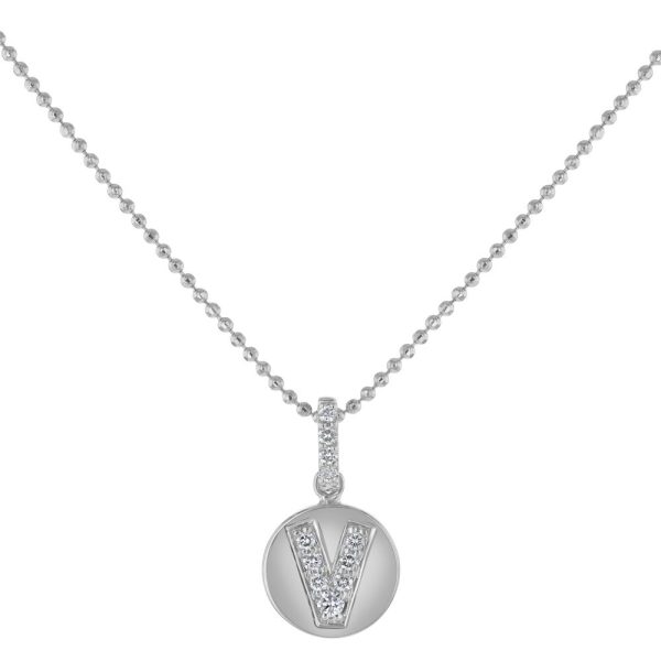 14K White Gold Letter "V" Round Disk Diamond Pendant