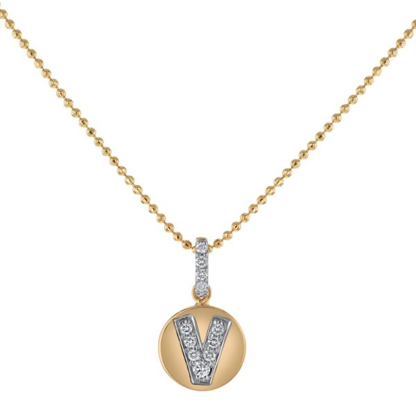 14K Yellow Gold Letter "V" Round Disk Diamond Pendant
