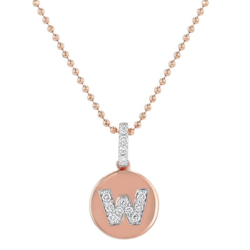 14K Rose Gold Letter "W" Round Disk Diamond Pendant