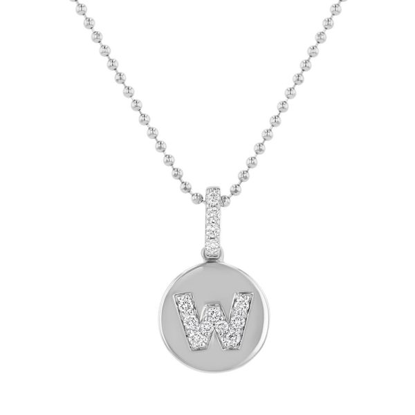 14K White Gold Letter "W" Round Disk Diamond Pendant