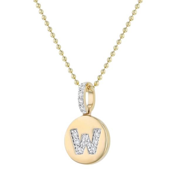 14K Yellow Gold Letter "W" Round Disk Diamond Pendant