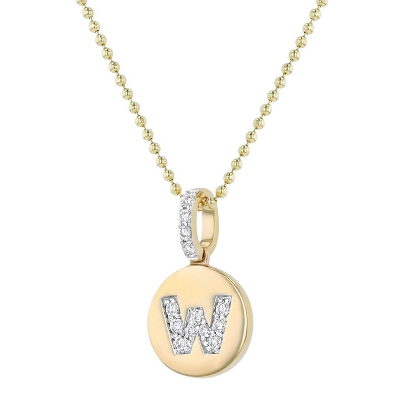 14K Yellow Gold Letter "W" Round Disk Diamond Pendant