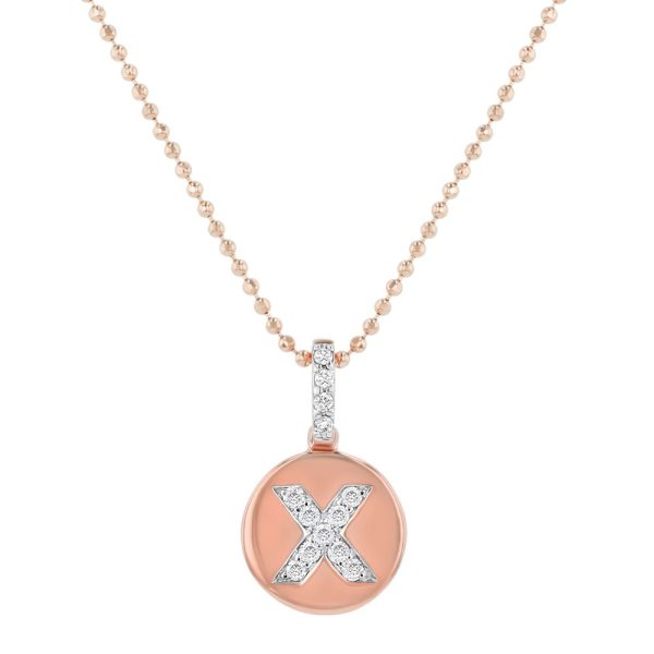 14K Rose Gold Letter "X" Round Disk Diamond Pendant