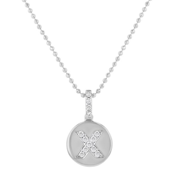 14K White Gold Letter "X" Round Disk Diamond Pendant