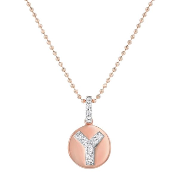 14K Rose Gold Letter "Y" Round Disk Diamond Pendant