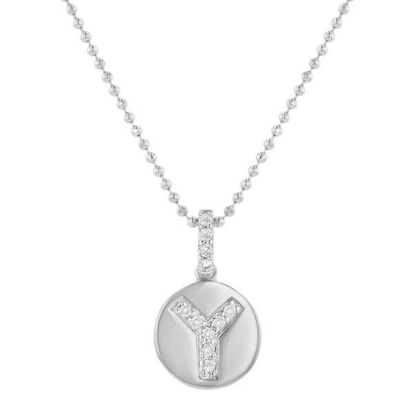 14K White Gold Letter "Y" Round Disk Diamond Pendant