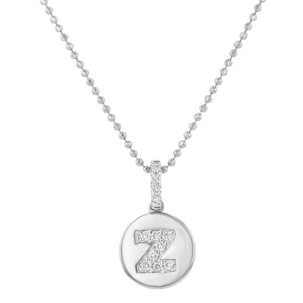 14K White Gold Letter "Z" Round Disk Diamond Pendant