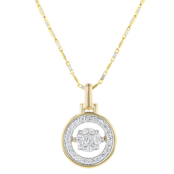 14K Yellow Gold 0.50 carat Fusion Dancing Diamonds Round Halo Frame Necklace