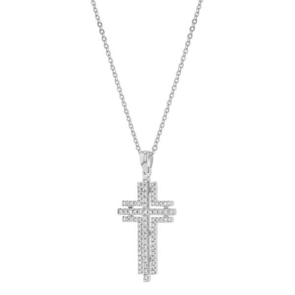 14K White Gold 0.35 carat Diamonds Multi-Row Cross Pendant