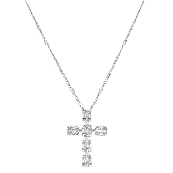 14K White Gold 0.50 carat Baguette and Round Diamonds Cross Pendant